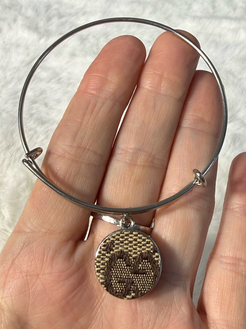 Gucci upcycled Silver-Tone Bangle with Brown Patterned Disc Charm